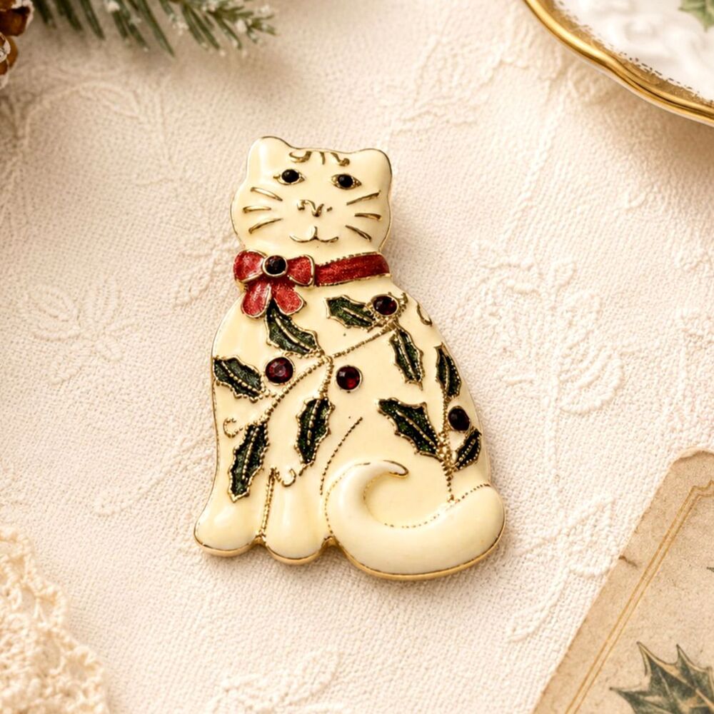 Cream Enamel Holiday Cat Brooch with Rhinestone & Holly Accents